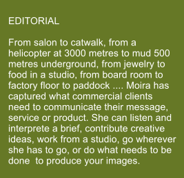 EDITORIAL  From salon to catwalk, from a helicopter at 3000 metres to mud 500 metres underground, from jewelry to food in a studio, from board room to factory floor to paddock .... Moira has captured what commercial clients need to communicate their message, service or product. She can listen and interprete a brief, contribute creative ideas, work from a studio, go wherever she has to go, or do what needs to be done  to produce your images.