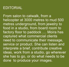 EDITORIAL  From salon to catwalk, from a helicopter at 3000 metres to mud 500 metres underground, from jewelry to food in a studio, from board room to factory floor to paddock .... Moira has captured what commercial clients need to communicate their message, service or product. She can listen and interprete a brief, contribute creative ideas, work from a studio, go wherever she has to go, or do what needs to be done  to produce your images.